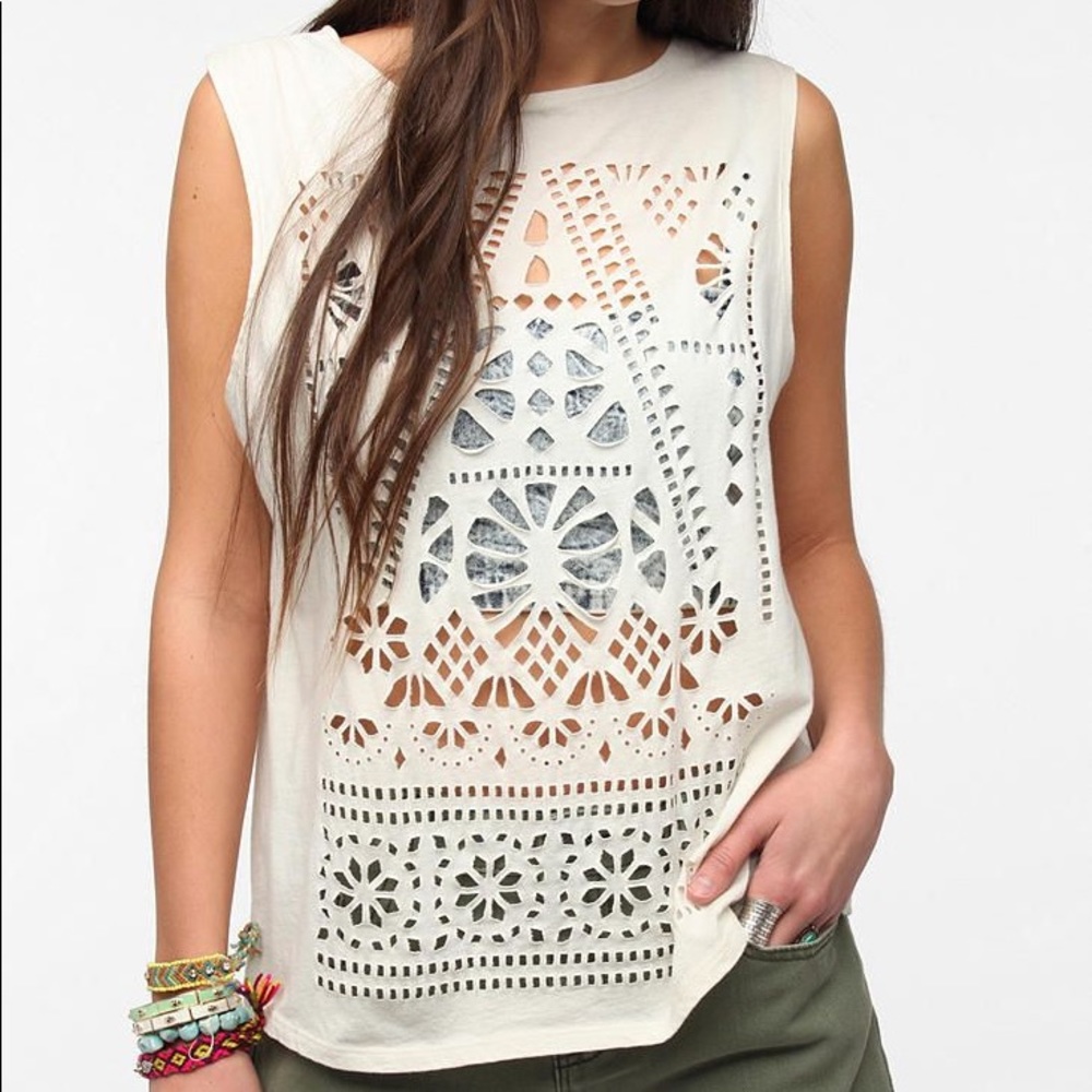 Urban Outfitters Cream Laser-Cut Muscle Tee
